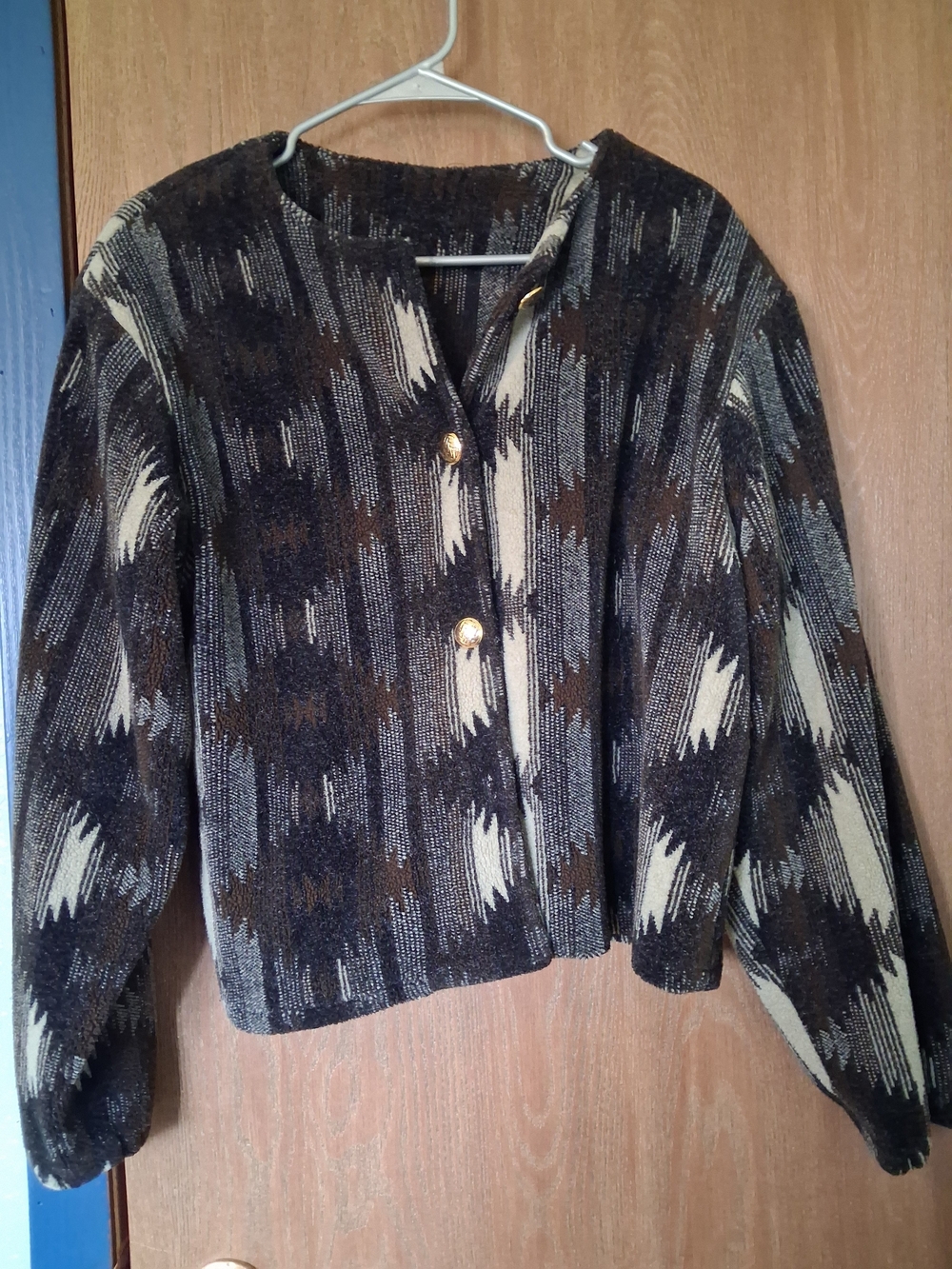 Cropped Patterned Blazer Jacket in Black, Brown & Cream